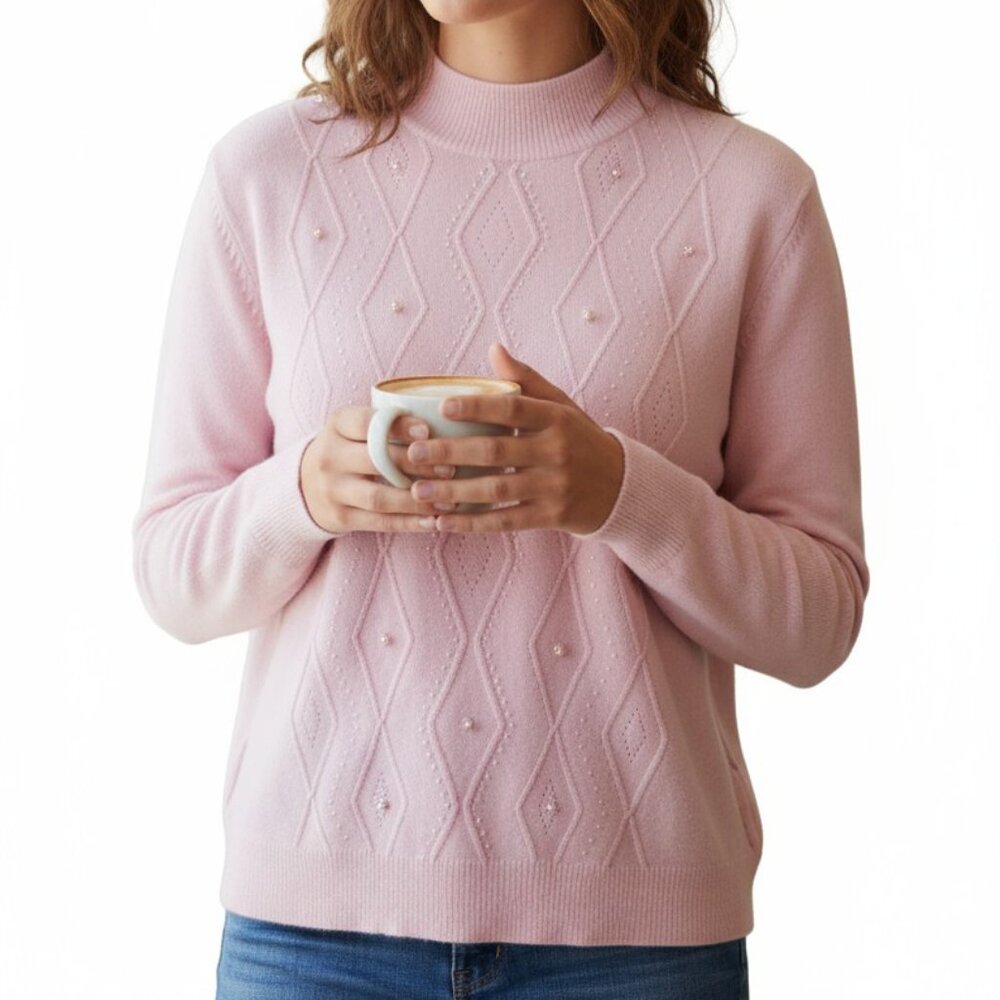 Pale Pink Beaded Sweater, Vintage Mock Turtleneck Long Sleeved Pullover